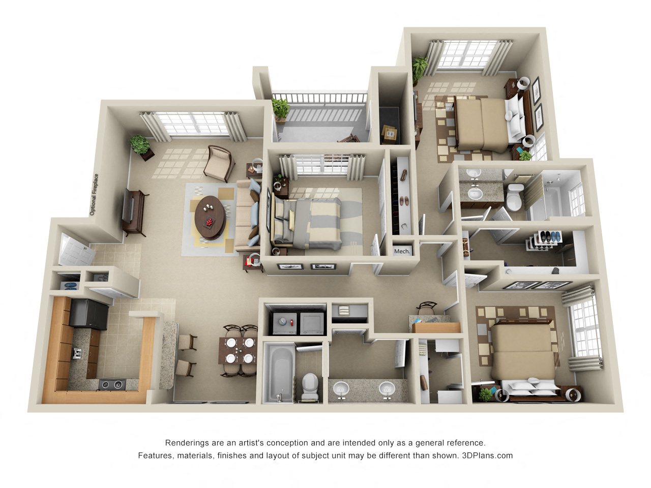 Floor plan for 3 beds, 2 baths, 1388 sqft